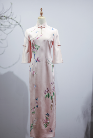 Light Pink Heavy Silk Embroidered Qipao Dress