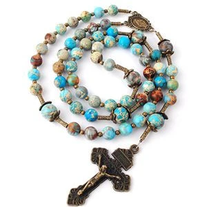6mm Blue Imperial Jasper Gemstone Beads Anti-Bronze Plated Virgin Mary Rosary on Wire with Pardon Crucifix Pendant