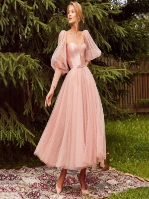 Free Shipping  Pink Prom Dress 2019 Tea Length Dot Free Shipping Tulle A-line Lovely Party Dress Latter Sleeves Satin Bodice Elegant Dresses Vestido