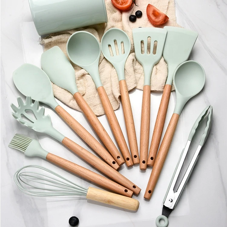 11 Pieces Kitchenware Cooking Silicone Utensil Wooden Handles Set Cookware Gadgets Tools with Barrel