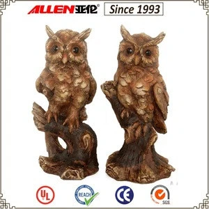11.8&quot; standing on stump owl sculpture, resin wood finish owl statue for garden