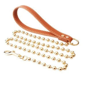 18K gold Solid Beads dog collar chain with leather Stainless steel Dog Leash
