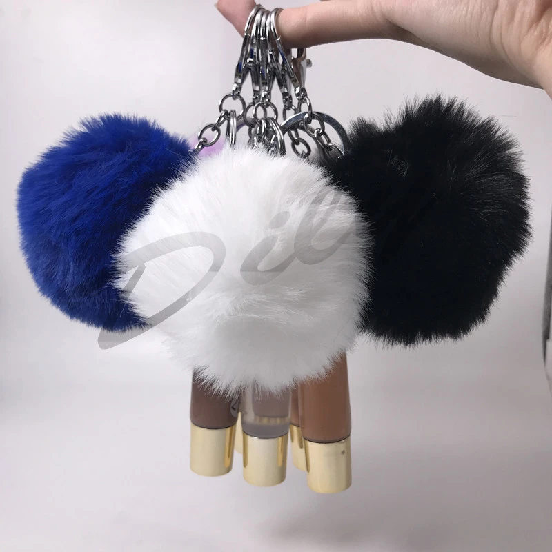 2021 custom logo mini fuzzy ball clear lip gloss keychain vendors