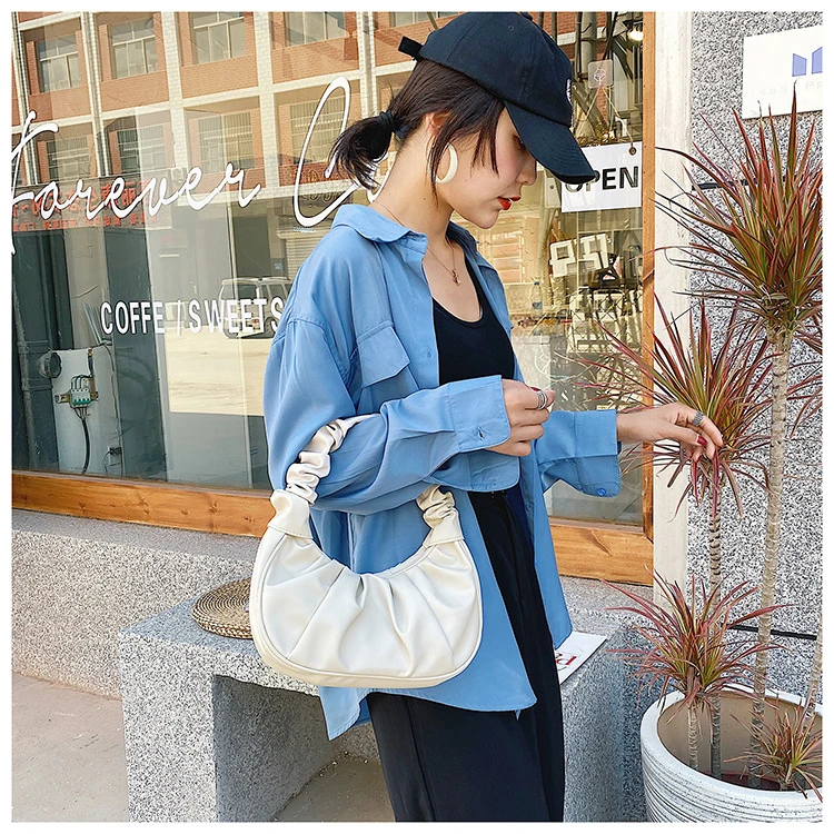 2021 designer fashion pleated pu leather ladies shoulder purse handbag handle bag for women