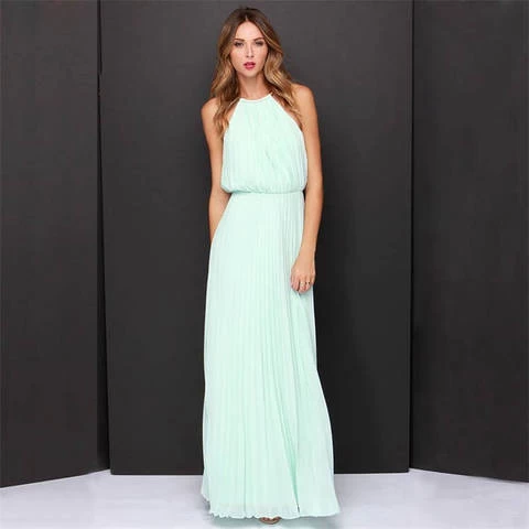 2021 New Fashion Chiffon Maxi Dress Sleeveless O-neck Solid Ladies Dress Falter Sundress for Women