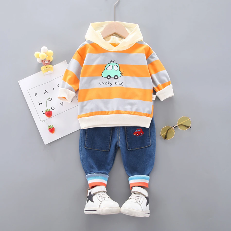 2021 Spring Hooded Long Sleeve Striped Top+ Trousers 2Pcs Sets Leisure Newborn Baby Boy Clothes Loose Children&#x27;s Sports Suit