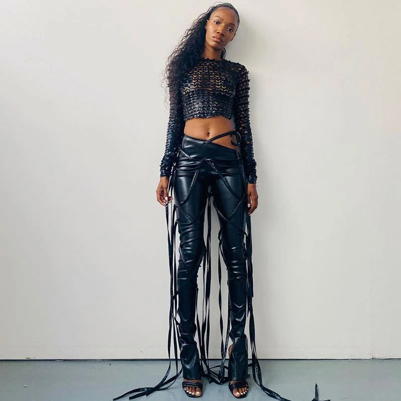 2021 Trend fashion Womens Boutique Clothing Women Bottoms PU Leather Outfits Ladies String Trousers Lace Up Pants Casual Pant