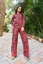 2024 Designer High Quality Pure Rayon Ethnic Clothing New Scarlet Spectrum Co-Ord Set with Printed Nightwear Top Pant Sleepwear