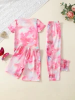 3pcs cool kids print pajamas set short sleeve top & long pants with cartoon girl pattern  loungewear for girls