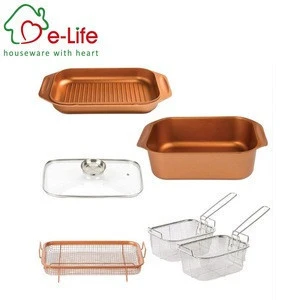6pcs Oval Cookware Set with Glass  Lid, SS Basket in Copper Color