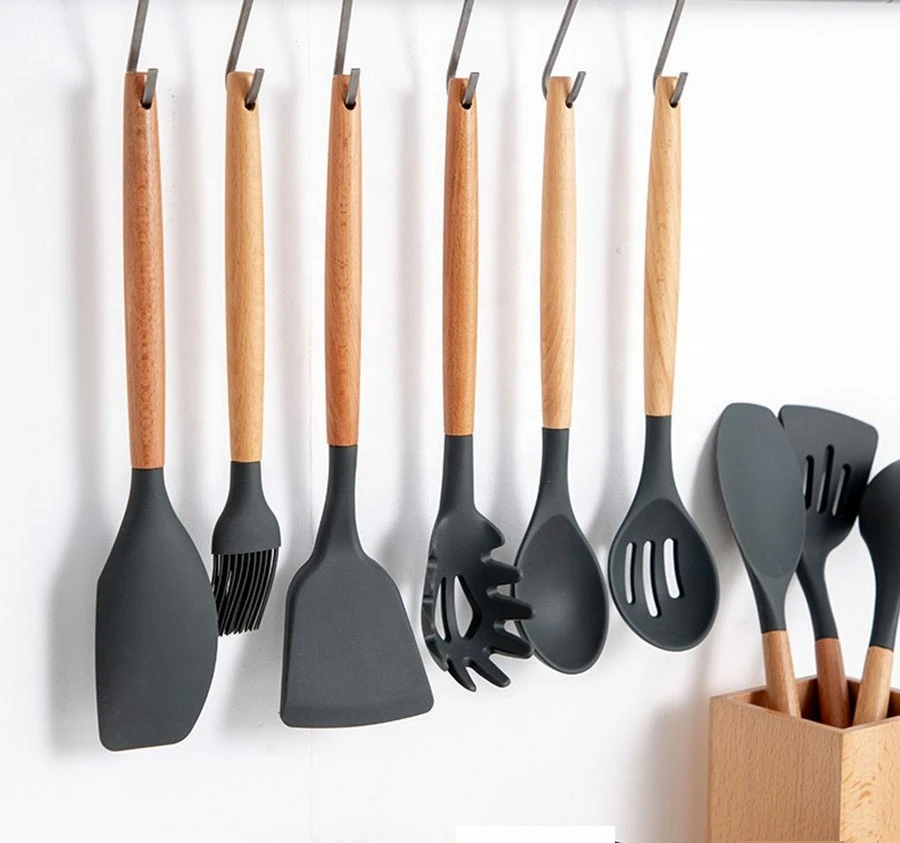 9PCS Silicone cooking utensils with wood handle OEM cookware set