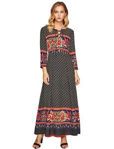 African style pattern print wholesales ethnic clothing ladies fancy boho long sleeve lace up maxi dresses women