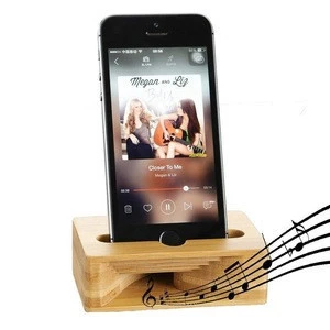 Bamboo Desktop Cell Phone Stand Holder with Sound Amplifier Within 5.5 Inches