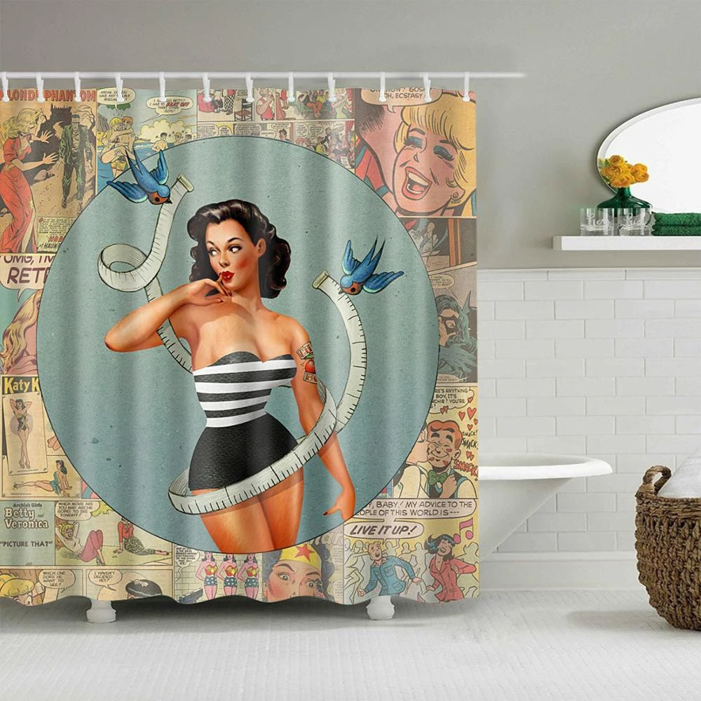 Bathroom Custom Printed Polyester Waterproof Sexy Woman Shower Curtain with Hooks