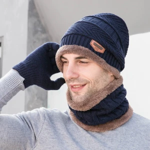 Beanie Hats Scarf Set Warm Knit Hat Skull Cap Neck Warmer with Thick Fleece Lined Winter Hat and Scarf for Men Women