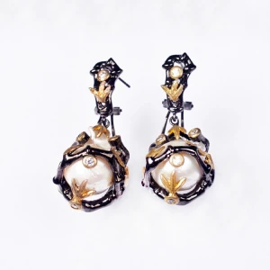 Black Gold Plated 925 Sterl Silver Earring Baroque Pearl Earring