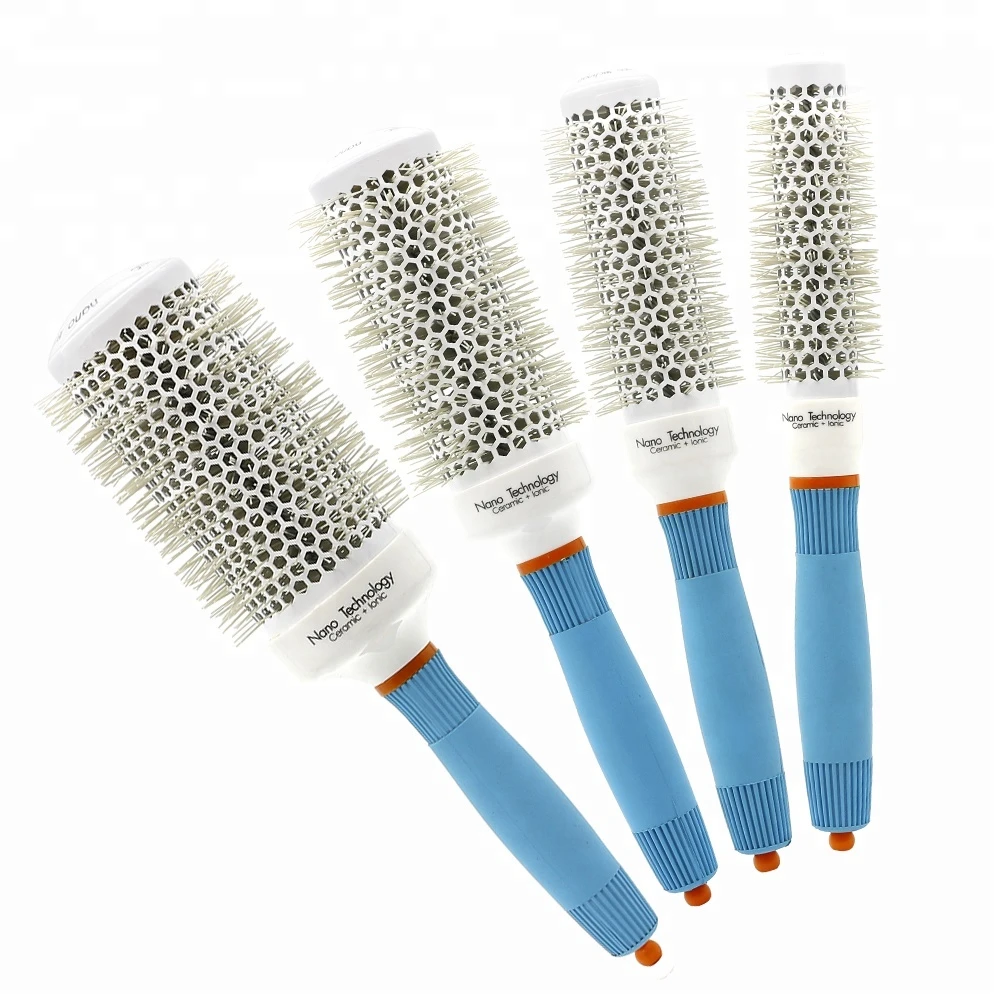 Blue Anti-static Silicone Handle Round Rolling Tangle Hair Brush Barber Fluffy Hair Blowing Brush Salon Ceramic Hairstyling Comb