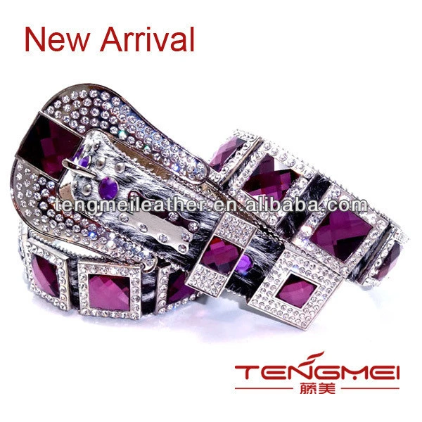 Brindle Purple Prism Cut Concho Leather Rhinestone Chain Belt For Female