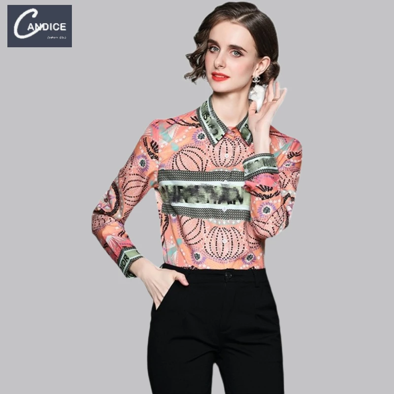 Candice Dora Hot Sale Occidental Style Wholesale Clothing Regular Fit Long Sleeve Printed Pure Silk Shirt