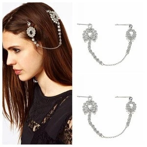 Chic Women Hair Accessories In Bangkok Double Hairgrips With Chains For Girls Crystal/Rhinestone Inlaid Heart Metal Headpiece