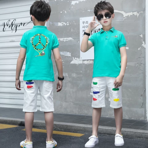 Childrens summer clothes 2022 new handsome summer little boy clothes two-piece Polo T-shirt jeans suit 12 years old
