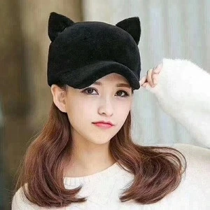 China factory wholesale sheepskin winter girl hat cute hat with  ears cat  casquette peaked cap