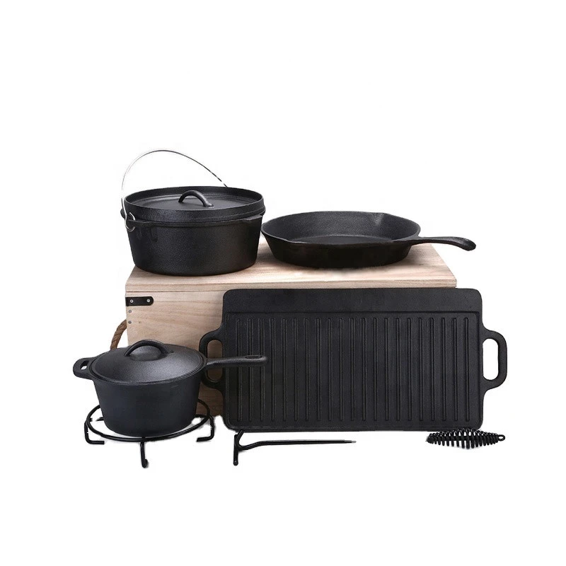 Classic Hot Selling 7 Pieces Cast Iron Preseasoned Camping Pot Cookware Set With Wood Box