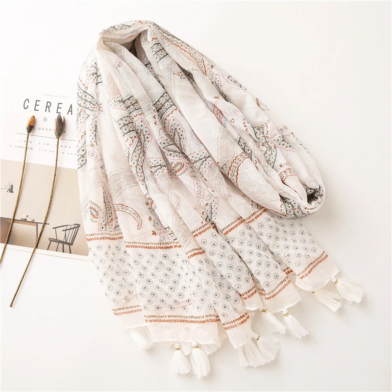 Cotton and linen hand-feel scarf white gold powder printing travel sunscreen shawl silk scarf women