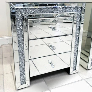 Crushed Diamond Mirrored 3 Drawers Nightstand Bedside Table