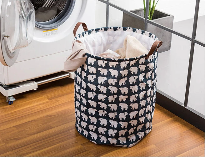 Customize Laundry Basket Drawstring Waterproof Cotton Linen Collapsible Storage Basket for Home Bag