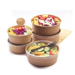 Customized 500ml Disposable Takeaway Salad Round Container Kraft Paper Bowl With Lid