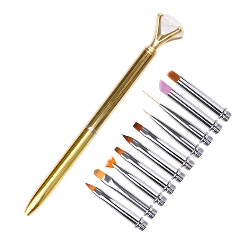 Detachable Replace Head Metal Nail Art Brush Pens For Drawing Line Carving Flowers Design Cuticles Pusher Manicure Tools Kits