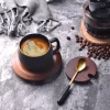 European style modern round shiny black ceramic tea cup saucer with gold rim