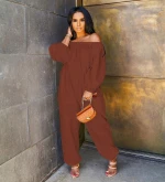 Fashion women clothes solid color casual off-shoulder baggy loose women jumpsuit