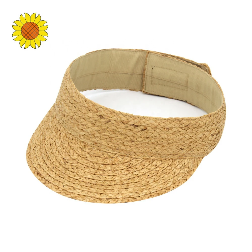 Fine Quality Summer Beach Gold Women Hand Sewn Natural Raffia Braid Sun Visor Hat Rollable