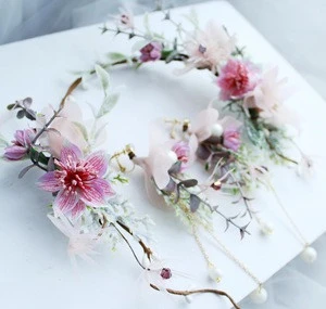 High quality bridal wedding flower hair accessories artificial bride flower headband with earring set