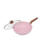 high quality pink color non stick marble coating aluminum cookware cooking wok panci with wooden grain handle