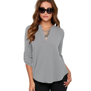 High Quality Women V Neck Loose Half Sleeves Casual Blouse Designs For Wholesale