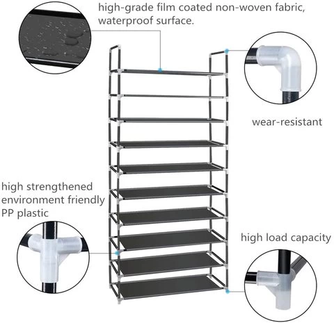 Hot Sell 10 Tier Metal Black Waterproof Shoe Rack Cabinet Easy To Assemble Simple,Shoe Organizer