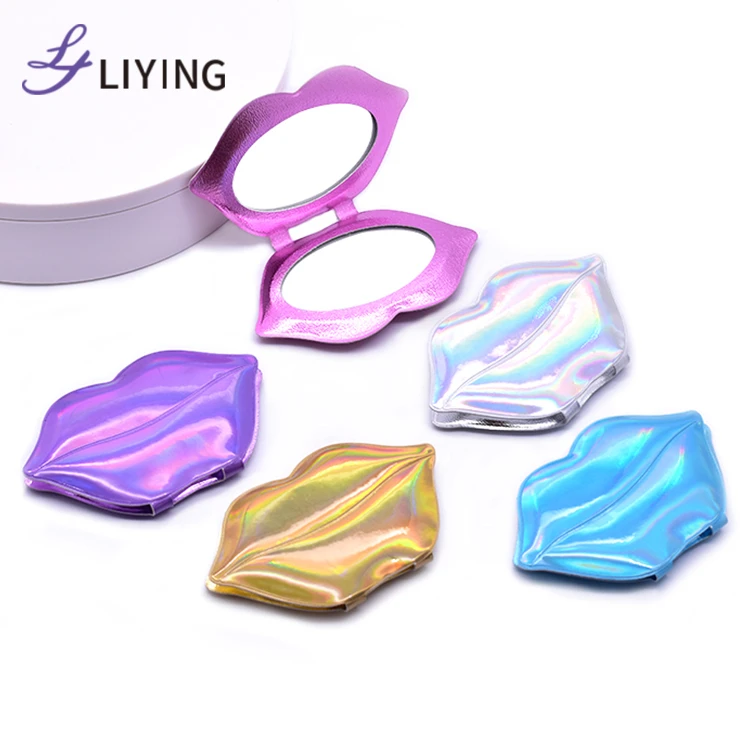 Hot selling small holographic pink mirror custom logo compact makeup mirror