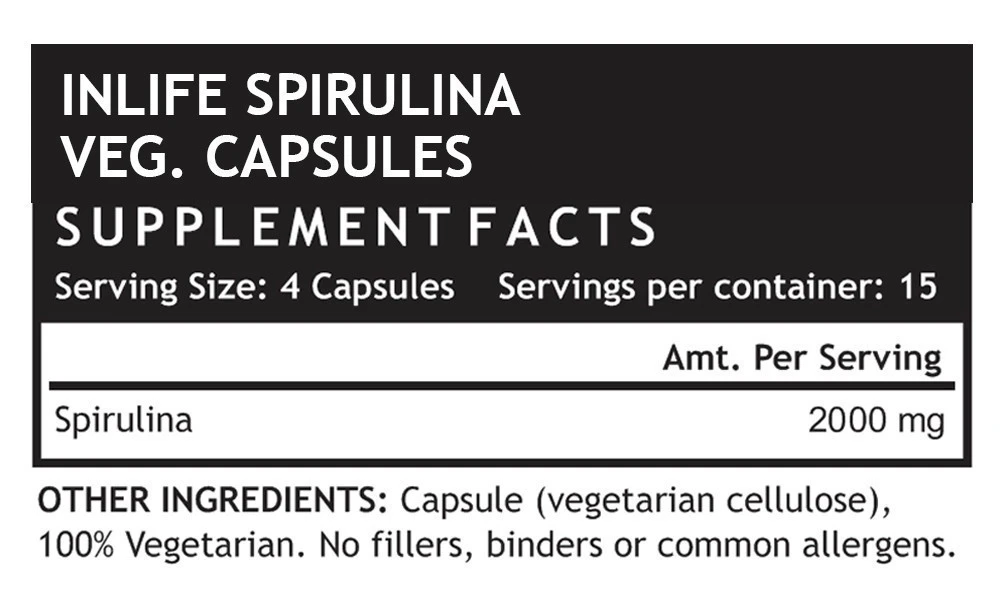 INLIFE Spirulina Powder Slimming Supplement 500 mg - 60 Vegetarian Capsules, GMP Certified Facility