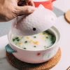 Jade-cer Cute cartoon pig cat rain-bow ceramic noodle soup bowl with lid