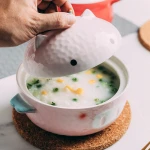 Jade-cer Cute cartoon pig cat rain-bow ceramic noodle soup bowl with lid