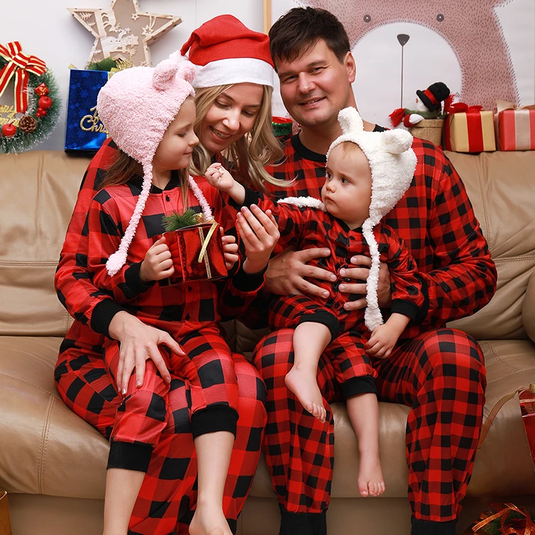Leisure Plaid Pattern V-neck Christmas Family Matching Sleeping Pajamas Sets
