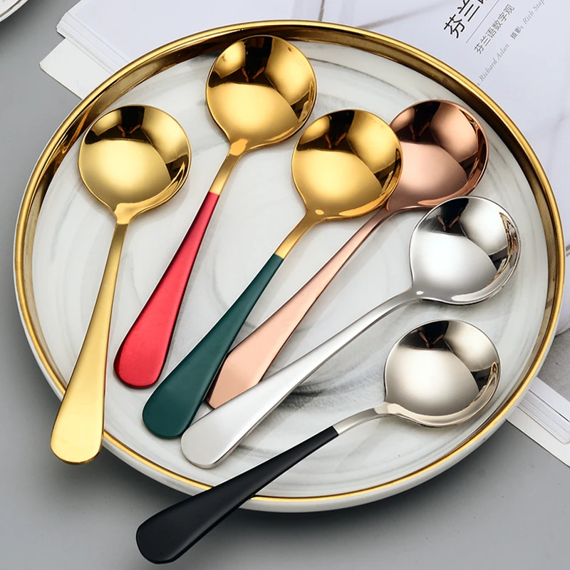 Light luxury Red Thicken spoon 304 stainless steel round spoon hotels  high-end tableware adult household soup spoon