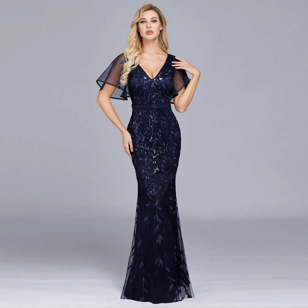 Long Evening Dress 2020 Mermaid Tulle Sequins Formal Dress Party Evening Gown Elegant V Neck robe de soiree Lace Eveni
