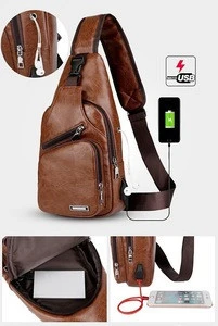 Men Shoulder PU Leather Chest Bags Crossbody Business Single Messenger Bags Male charging Handbag with USB Charger