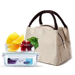 Multi Colors Stripe Canvas Lunch Box Bag Reusable Handle Non Woven Kids Insulated Cooler Bag