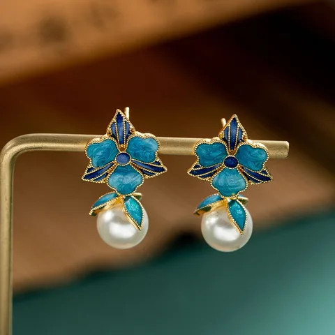 New Chinese style enamel three-petal baroque imitation pearl earrings Blue Flower Pearl Earrings