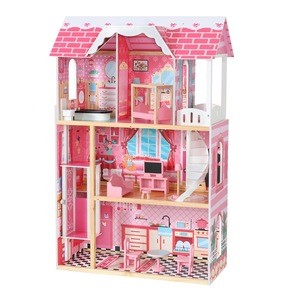 New design wooden doll house toys role pretend playing girl pink wooden dollhouse toy for kids